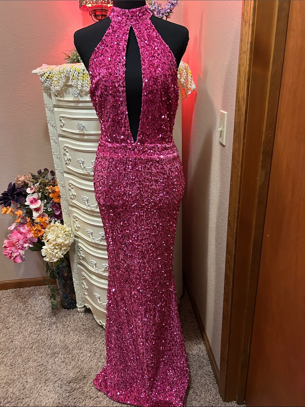 Fashion Nova Fuchsia Sequin Halter Gown